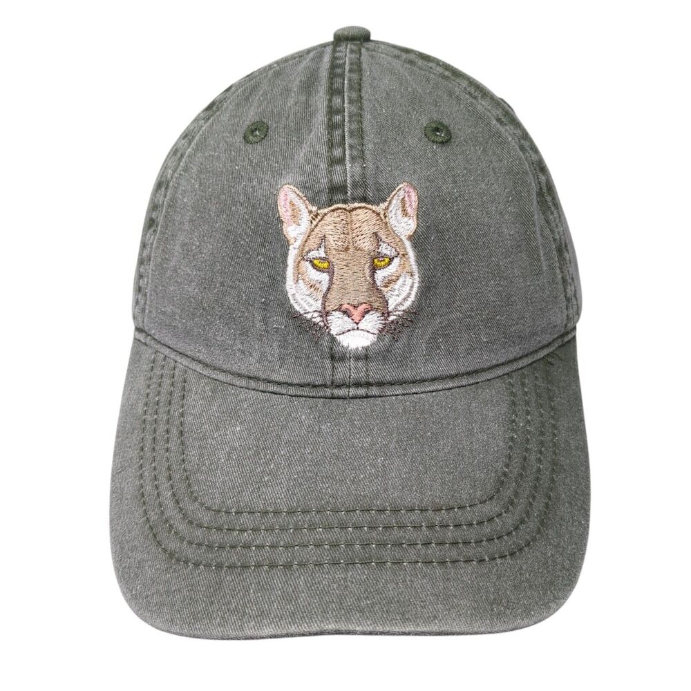 Lion Face Slideback Hat Green One Size Adjustable Embroidered 6 Panel Eco Cotton